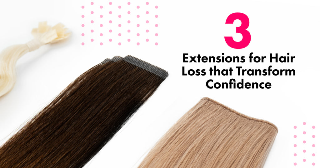 Flat lay of fusion, tape-in, and hybrid weft extensions with blog title written overtop