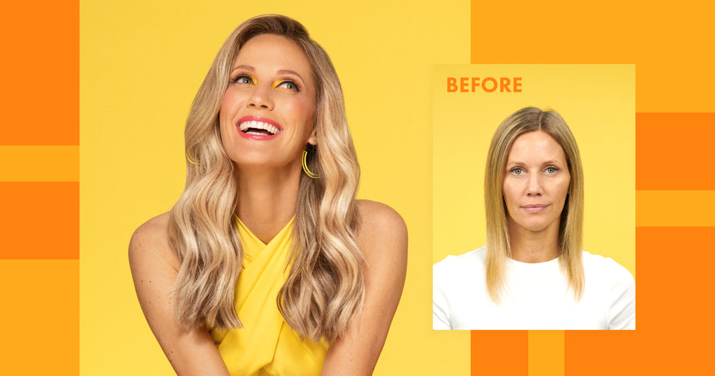 Before and after hair extensions, featuring a woman with fine hair.