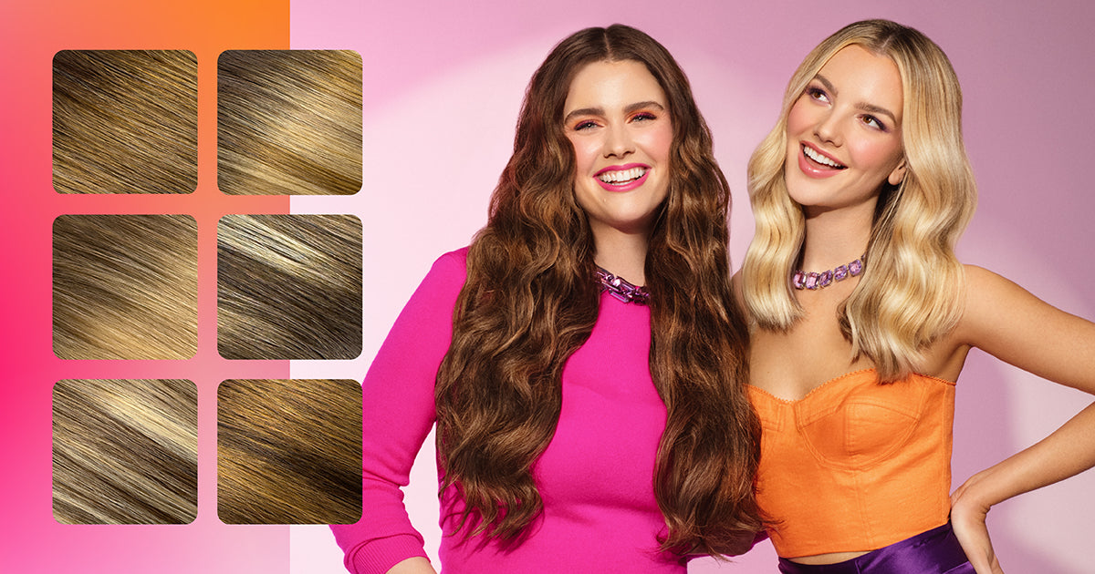 Two models wearing balayage tape-in extensions with the shade collection also featured.