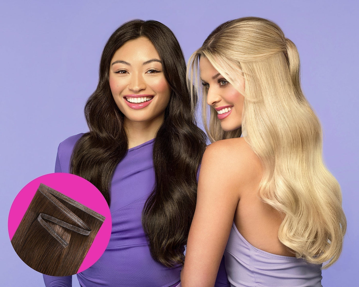 Two women wearing Babe Quick Fit Tape Weft hair extensions.
