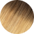 A swatch of a light ash blonde ellipse hair extension with a rooted brown top in a circle of a white background
