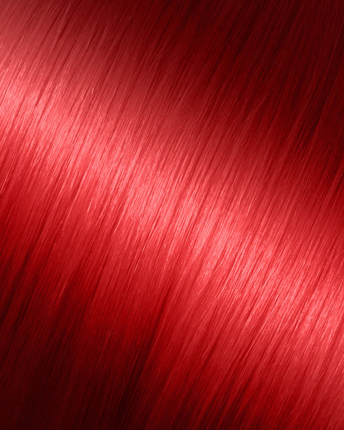 A swatch of a vibrant red Victoria Hair Extension, showcasing a smooth texture and rich colour